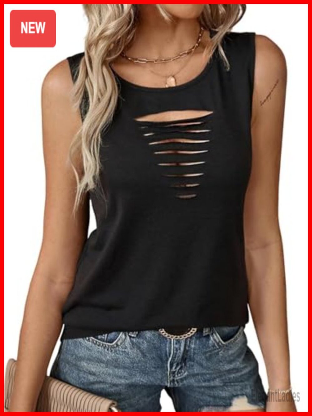 Ripped Cut Out Front Tank Top Sleeveless Crewneck Summer Shirt